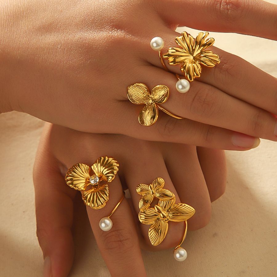 1 piece of exquisite and elegant 18k gold-plated stainless steel irregular flower butterfly pearl open ring for women's jewelry for daily wear Picture3