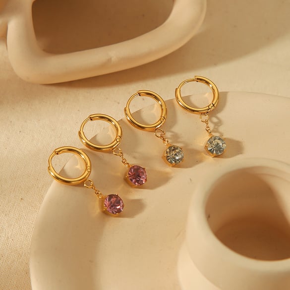 1 pair of simple and stylish 18k gold-plated stainless steel round diamond claw setting pendant earrings for women's jewelry for daily wear 2