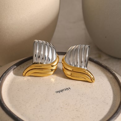 18k gold stainless steel/threaded wave-shaped earrings with unique design on the left and right sides, high-grade titanium steel color matching earrings h5 Picture8