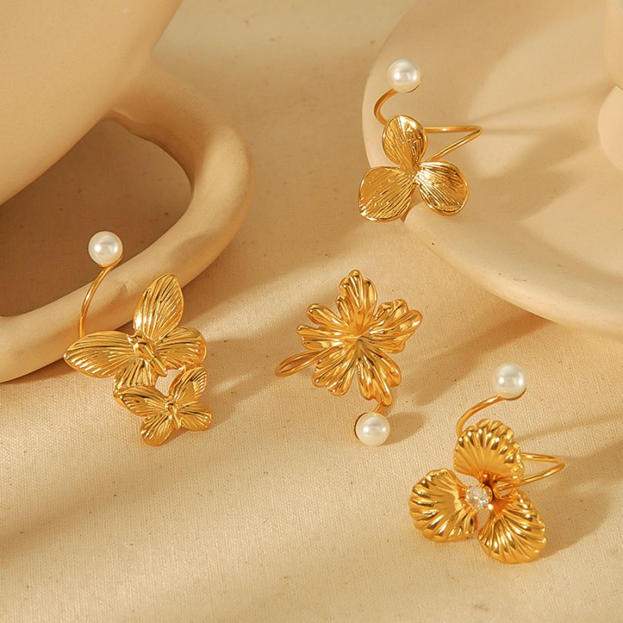 1 piece of exquisite and elegant 18k gold-plated stainless steel irregular flower butterfly pearl open ring for women's jewelry for daily wear Picture5