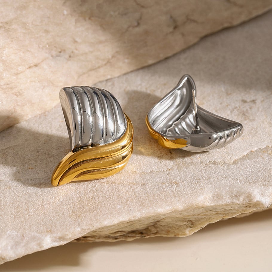 18k gold stainless steel/threaded wave-shaped earrings with unique design on the left and right sides, high-grade titanium steel color matching earrings Picture9