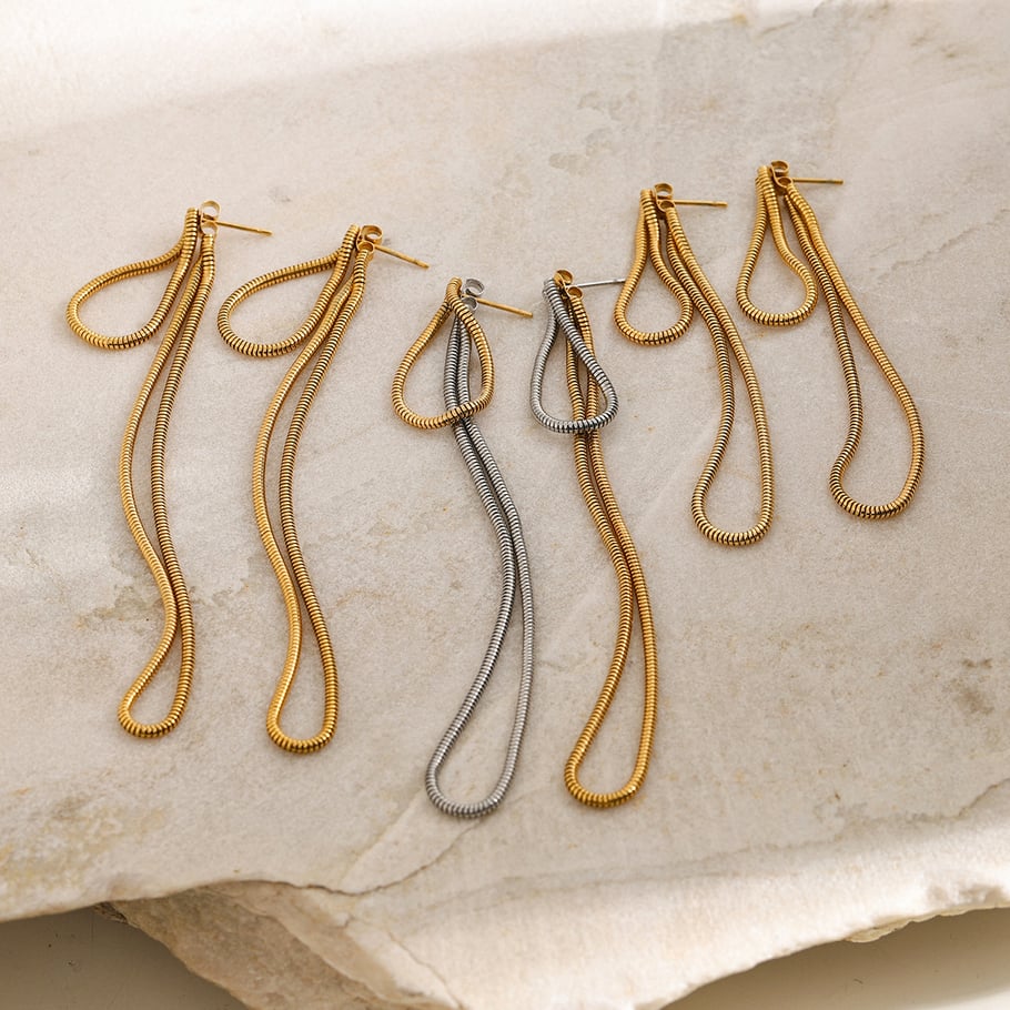 18k gold stainless steel long front and back round snake bone chain earrings 2024 beach style long tassel pendant earrings Picture6