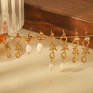 1 pair of creative exquisite 18k gold-plated stainless steel 8-shaped knot pearl earrings for women's daily wear h5 Picture3