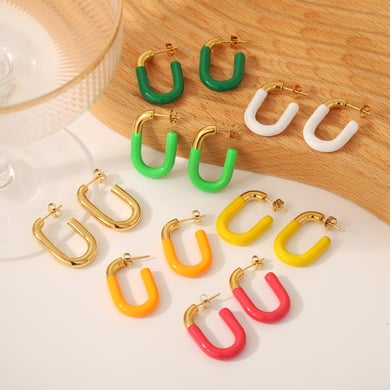 1 pair of creative and fashionable 18k gold-plated stainless steel colorful oil drop U-shaped earrings for women's jewelry for daily wear h5 Picture4