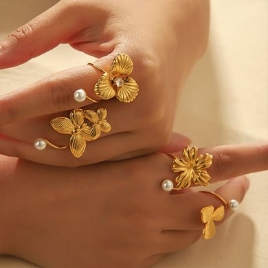 1 piece of exquisite and elegant 18k gold-plated stainless steel irregular flower butterfly pearl open ring for women's jewelry for daily wear h5 Picture4