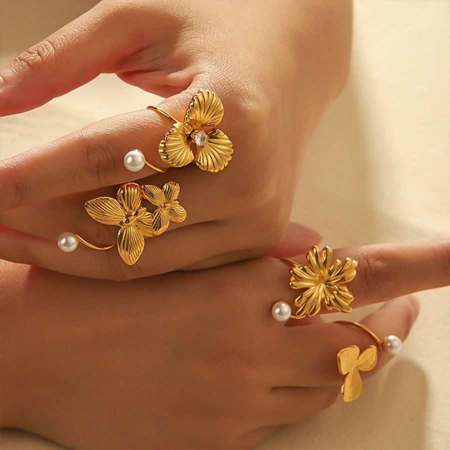 1 piece of exquisite and elegant 18k gold-plated stainless steel irregular flower butterfly pearl open ring for women's jewelry for daily wear Picture4