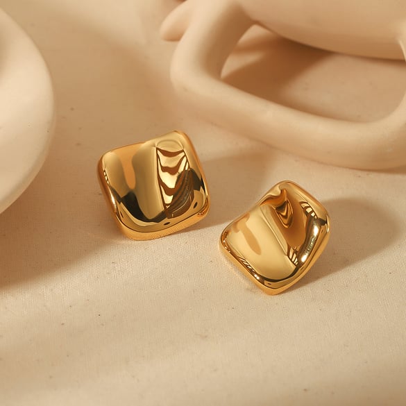 1 Paar schlichte, klassische, unregelmäßige, bogenförmige, quadratische Ohrringe aus 18 Karat vergoldetem Edelstahl für Damenschmuck zum täglichen Tragen 2