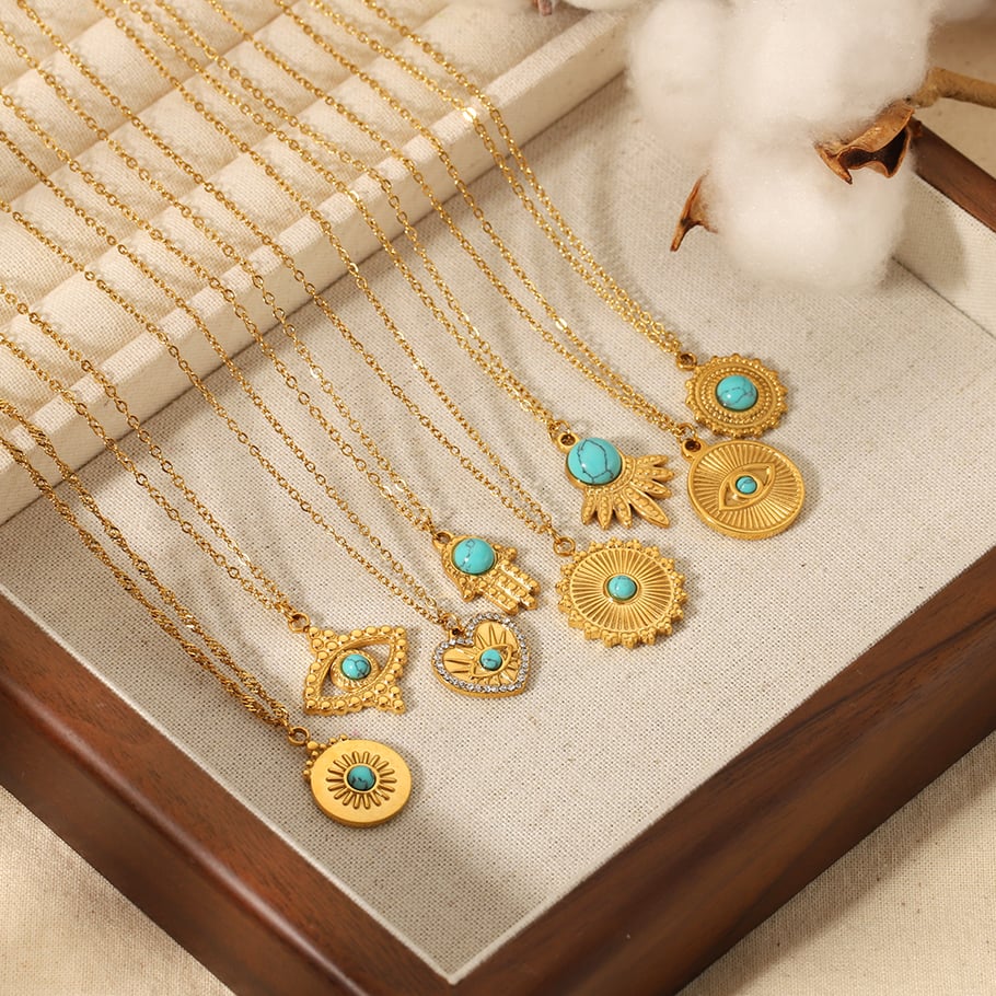 1 piece classic fashion 18k gold plated stainless steel turquoise geometric pendant necklace for women jewelry daily wear Picture4