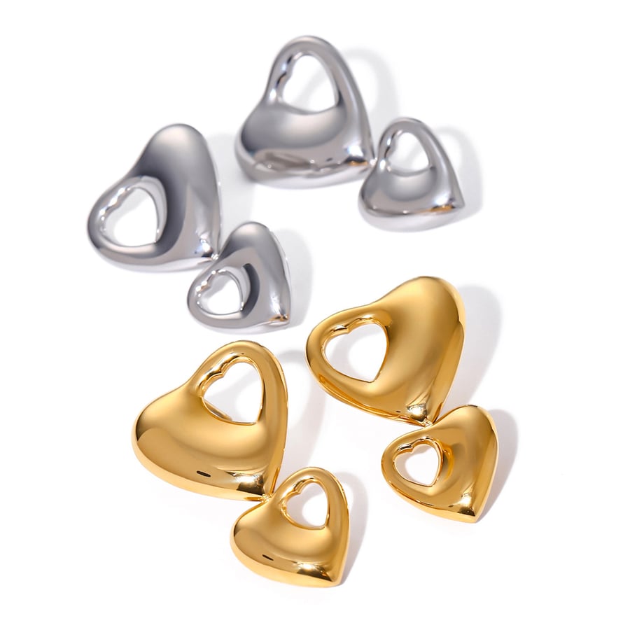 Boucles d&#39;oreilles creuses en forme de cœur à double couche en acier inoxydable or 18 carats. Les boucles d&#39;oreilles en acier titane en forme de cœur de conception haut de gamme sont divisées en côtés gauche et droit. Image9
