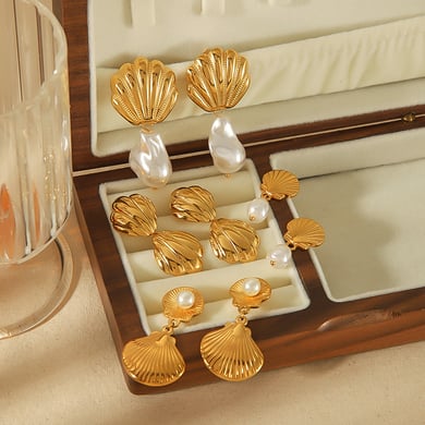 1 pair of creative classic 18k gold-plated stainless steel geometric shell texture pearl pendant earrings for women's jewelry for daily wear h5 Picture3