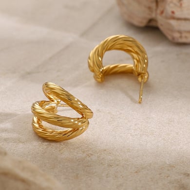 18 Karat Gold Edelstahl Ohrringe Licht Luxus einfache High-End-Nische dreilagige Gewinde Titan Stahl C-förmige Ohrringe Ohrringe h5 Bild7