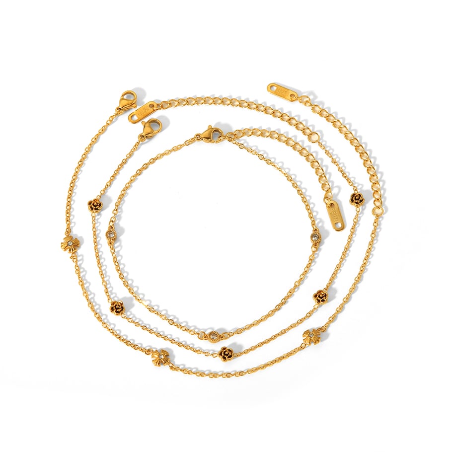 1 Stück exquisites und modisches Fußkettchen aus 18 Karat vergoldetem Edelstahl mit Zirkonia-Rosen für Damen zum täglichen Tragen Bild5