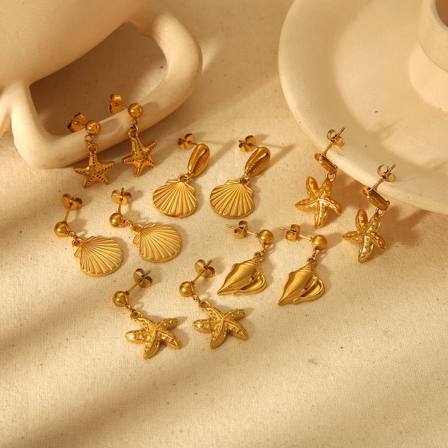1 Paar stilvolle, klassische Ohrringe mit Seestern-Muschel-Anhänger aus 18 Karat vergoldetem Edelstahl für Damenschmuck zum täglichen Tragen Bild4