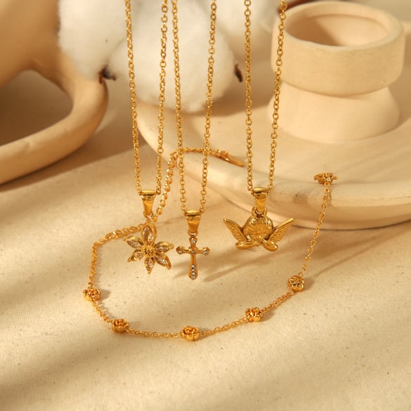 1 paio di squisiti e alla moda ciondolo croce angelo fiore collana in acciaio inossidabile placcato oro 18k per gioielli da donna per l&#39;uso quotidiano 2