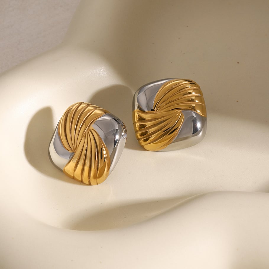 18 Karat Gold Edelstahl Gold und Silber farblich passende quadratische Fadenohrringe in leichten Luxus einzigartige High-End Titan Stahl zweifarbige Ohrringe Bild6