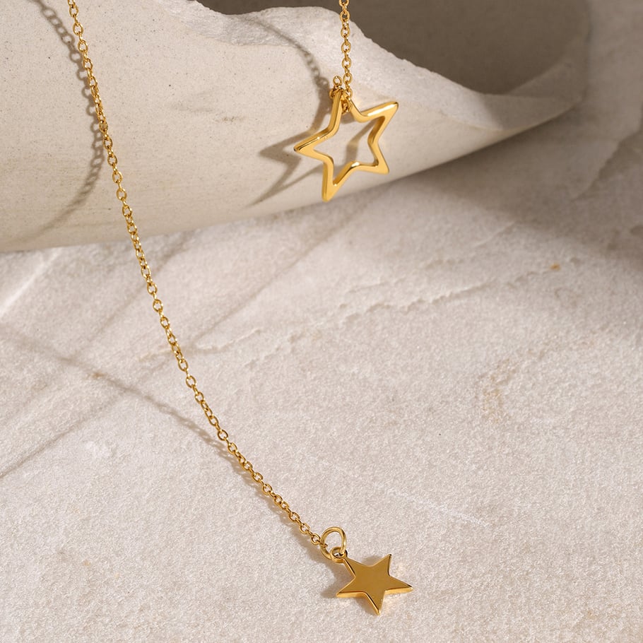 18 Karat Gold Edelstahl große und kleine fünfzackige Sternanhänger Y-förmige Kette Halskette modische und einfache kleine frische Titanstahl Halskette für Frauen Bild6
