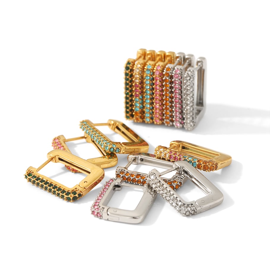 1 pair of stylish simple 18k gold-plated stainless steel colored zircon rectangular earrings for women for daily wear Picture5