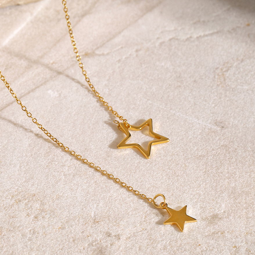 18 Karat Gold Edelstahl große und kleine fünfzackige Sternanhänger Y-förmige Kette Halskette modische und einfache kleine frische Titanstahl Halskette für Frauen Bild4