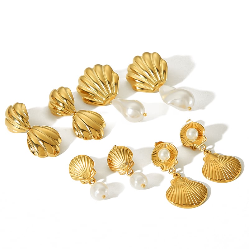 1 pair of creative classic 18k gold-plated stainless steel geometric shell texture pearl pendant earrings for women's jewelry for daily wear Picture5