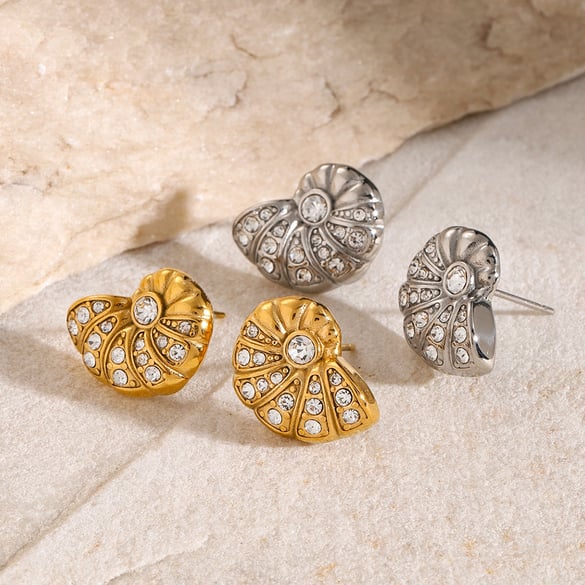 Orecchini in acciaio inossidabile/conchiglia con strass in oro 18 carati, design unico, prezzo elevato, orecchini in acciaio al titanio sinistro e destro 2