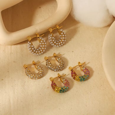 1 pair of exquisite and fashionable 18k gold-plated stainless steel colored zircon pearl earrings for women for daily wear h5 Picture3