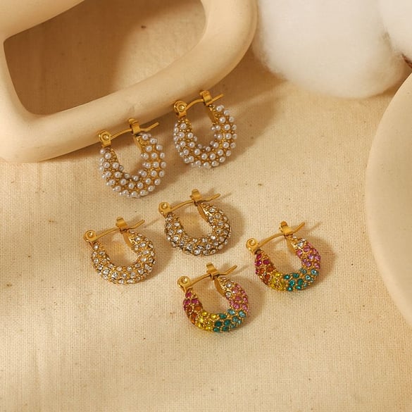 1 pair of exquisite and fashionable 18k gold-plated stainless steel colored zircon pearl earrings for women for daily wear 2