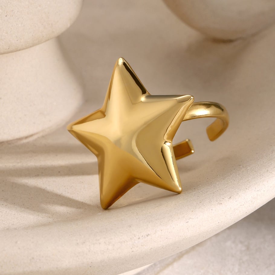 Hochwertiges, einzigartiges Design im AB-Stil, gold- und silberfarbene, fünfzackige Sternohrringe mit 18 Karat glattem, konvexem, offenem Ring Bild6