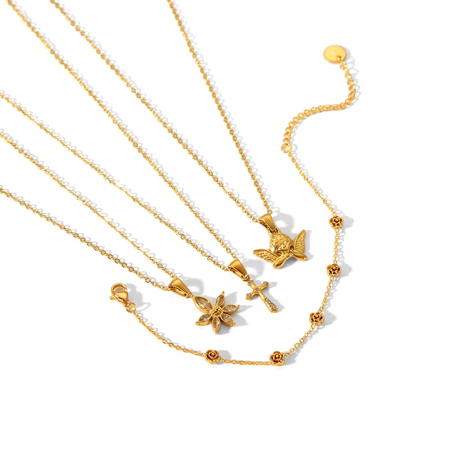 1 pair of exquisite and fashionable 18k gold-plated stainless steel angel cross flower pendant necklace for women's jewelry for daily wear Picture4
