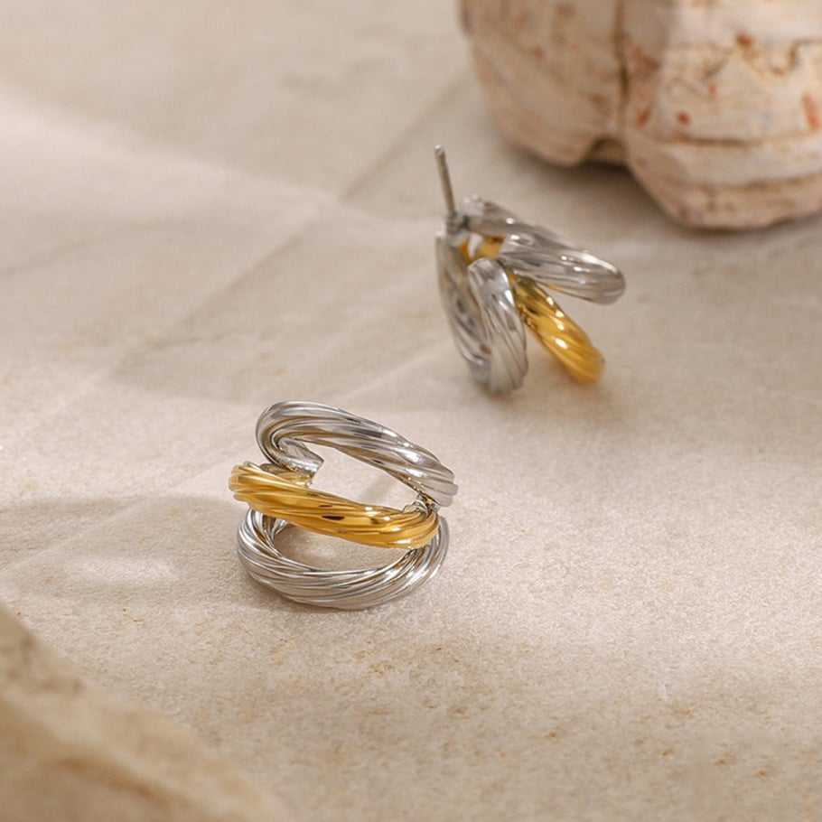 18K gold stainless steel earrings light luxury simple high-end niche three-layer threaded titanium steel C-shaped earrings earrings Picture9