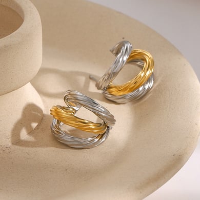 18 Karat Gold Edelstahl Ohrringe Licht Luxus einfache High-End-Nische dreilagige Gewinde Titan Stahl C-förmige Ohrringe Ohrringe h5 Bild4