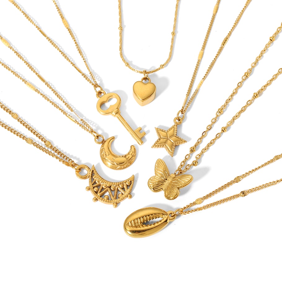 1 Stück klassische Mode 18 Karat vergoldet Edelstahl geometrische Muschel Mond Schmetterling Anhänger Halskette Damen Schmuck Alltagskleidung Bild5