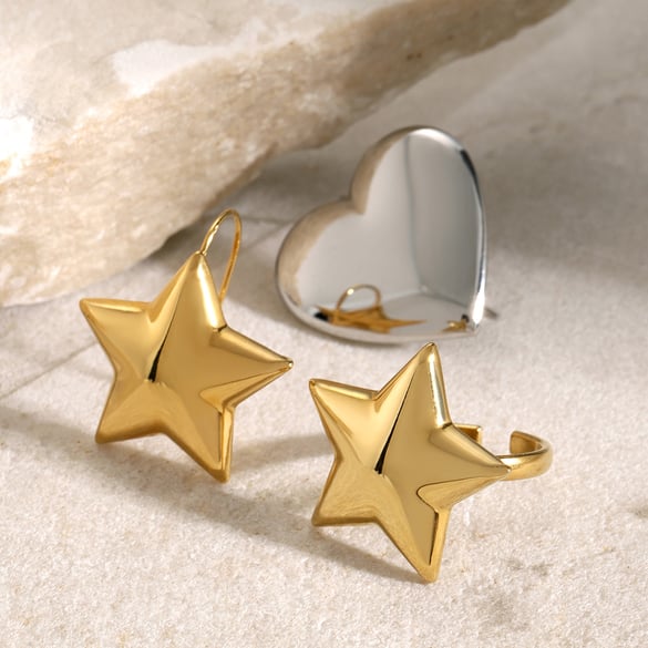 Orecchini a forma di stella a cinque punte in oro e argento con design unico di alta qualità, stile AB, abbinati, anello aperto liscio convesso 18k 2