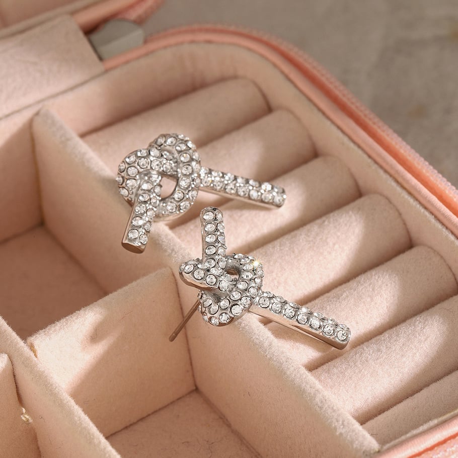 18k gold stainless steel/full diamond knotted earrings ins style fashionable cute small fresh titanium steel knot earrings Picture9