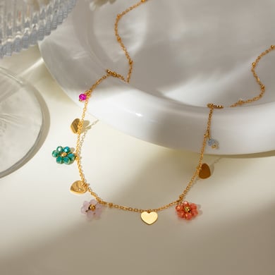 Bijoux transfrontaliers européens et américains de style INS en acier inoxydable 18 carats avec perles de verre colorées en forme de fleur et pendentif d&#39;amour, chaîne de perles rondes h5 Image3