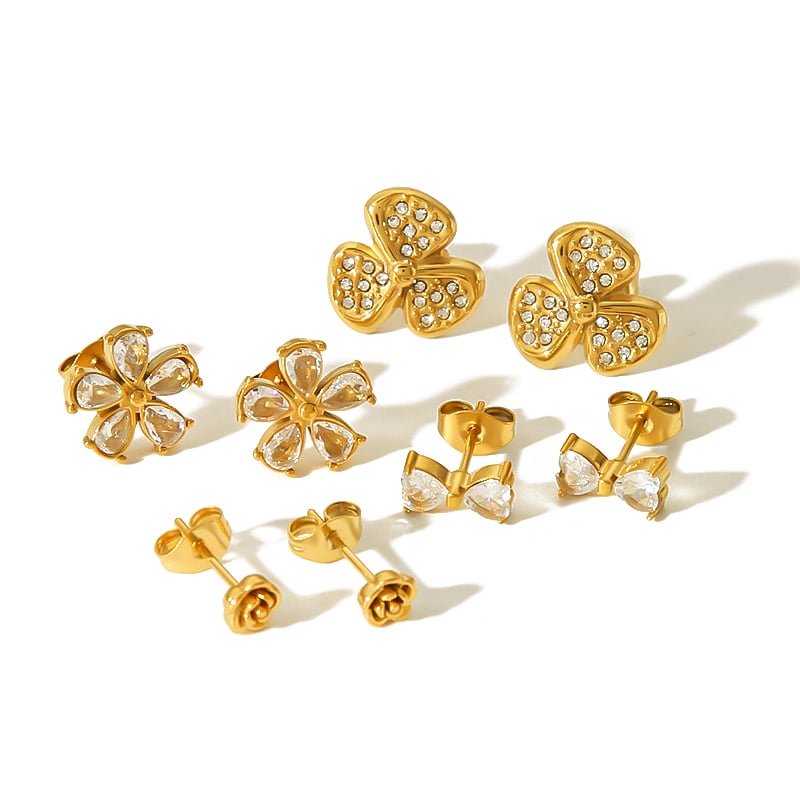 1 pair of exquisite and simple 18k gold-plated stainless steel diamond bow rose earrings for women's daily wear Picture5