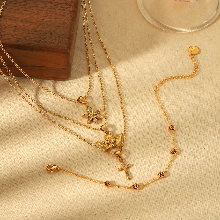 1 pair of exquisite and fashionable 18k gold-plated stainless steel angel cross flower pendant necklace for women's jewelry for daily wear Picture5