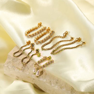 1 pair of exquisite and fashionable 18k gold-plated stainless steel dot diamond pearl tassel earrings for women for daily wear h5 Picture5