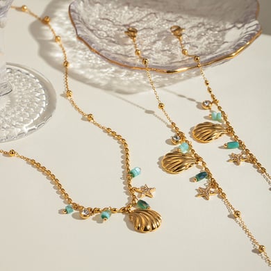 Europäischer und amerikanischer grenzüberschreitender INS-Stil 18 Karat Gold Edelstahl Muschelstern mit eingelegtem Strass blau Amazonit Anhänger Halskette Schmuck h5 Bild5