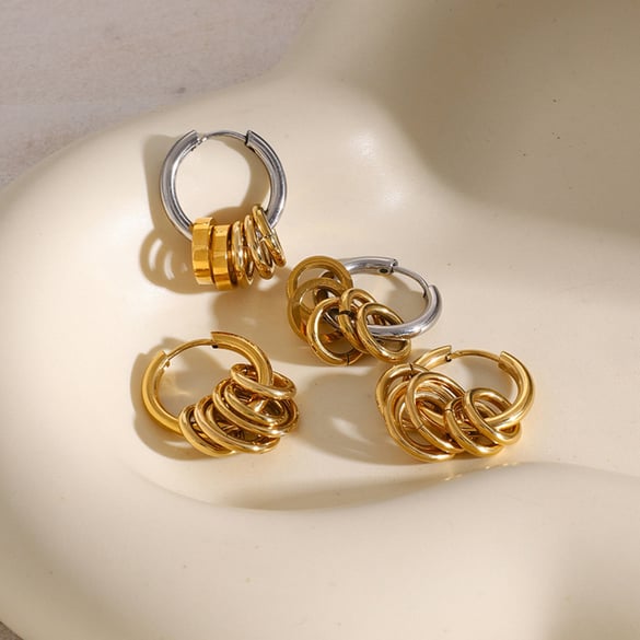 18K gold stainless steel earrings color matching polished steel ring hanging five small gold rings titanium steel earrings 2