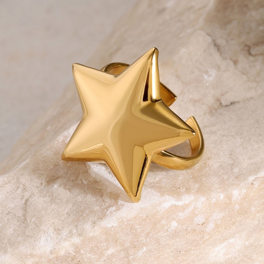 Hochwertiges, einzigartiges Design im AB-Stil, gold- und silberfarbene, fünfzackige Sternohrringe mit 18 Karat glattem, konvexem, offenem Ring Bild7