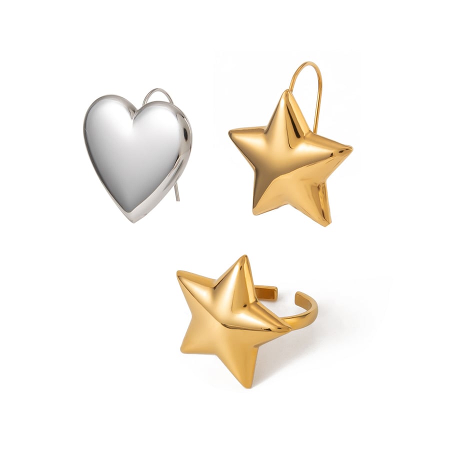 Hochwertiges, einzigartiges Design im AB-Stil, gold- und silberfarbene, fünfzackige Sternohrringe mit 18 Karat glattem, konvexem, offenem Ring Bild8
