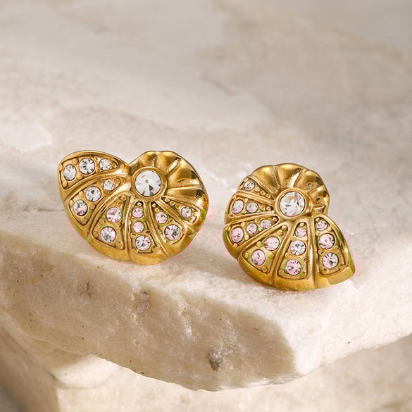Orecchini in acciaio inossidabile/conchiglia con strass in oro 18 carati, design unico, prezzo elevato, orecchini in acciaio al titanio sinistro e destro
