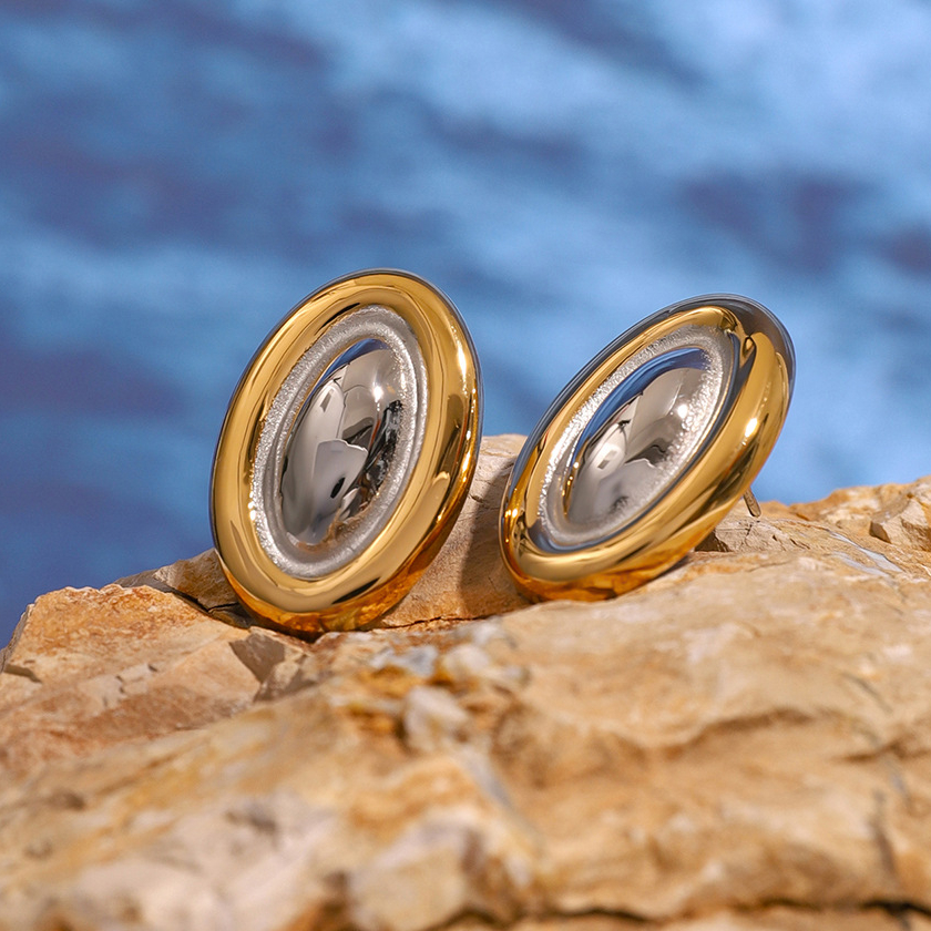 1 Pair 18k gold stainless steel color matching oval earrings Internet celebrity model same fashion all-match titanium steel earrings women's earrings Picture4