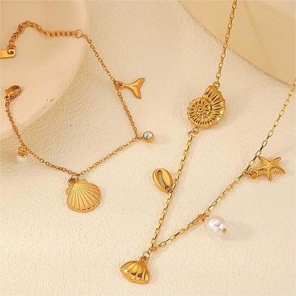 1 pezzo semplice serie dolce geometrico acciaio inossidabile placcato oro 18k perla artificiale donne collane con ciondolo 2