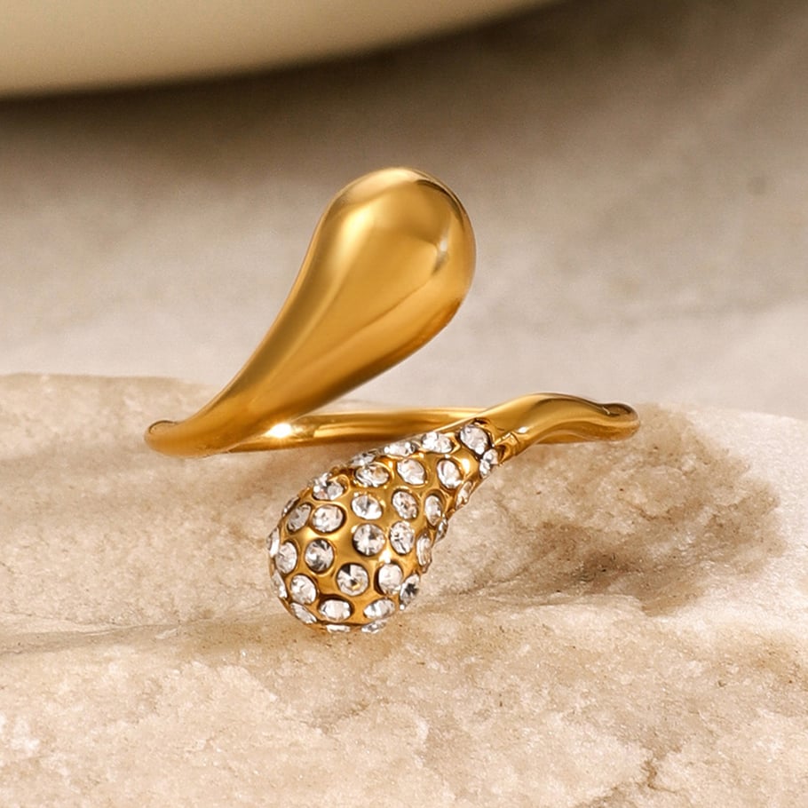 1 Piece Simple Style Droplet Shape Stainless Steel 18k Gold Inlay Rhinestones Women's Adjustable Rings Picture4