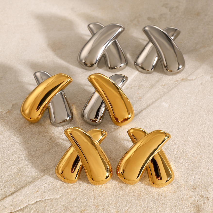 Boucles d&#39;oreilles en forme de X en acier inoxydable or 18 carats de style Ins, bijoux symétriques, plaqués sous vide, anti-décoloration et anti-allergiques Image3