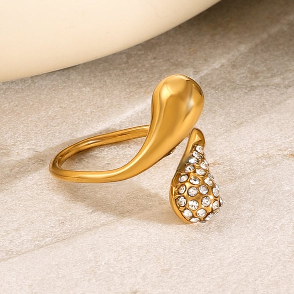 1 paio di anelli a goccia in acciaio inossidabile oro 18k, anello aperto asimmetrico a forma di lacrima con strass, anello unisex regolabile