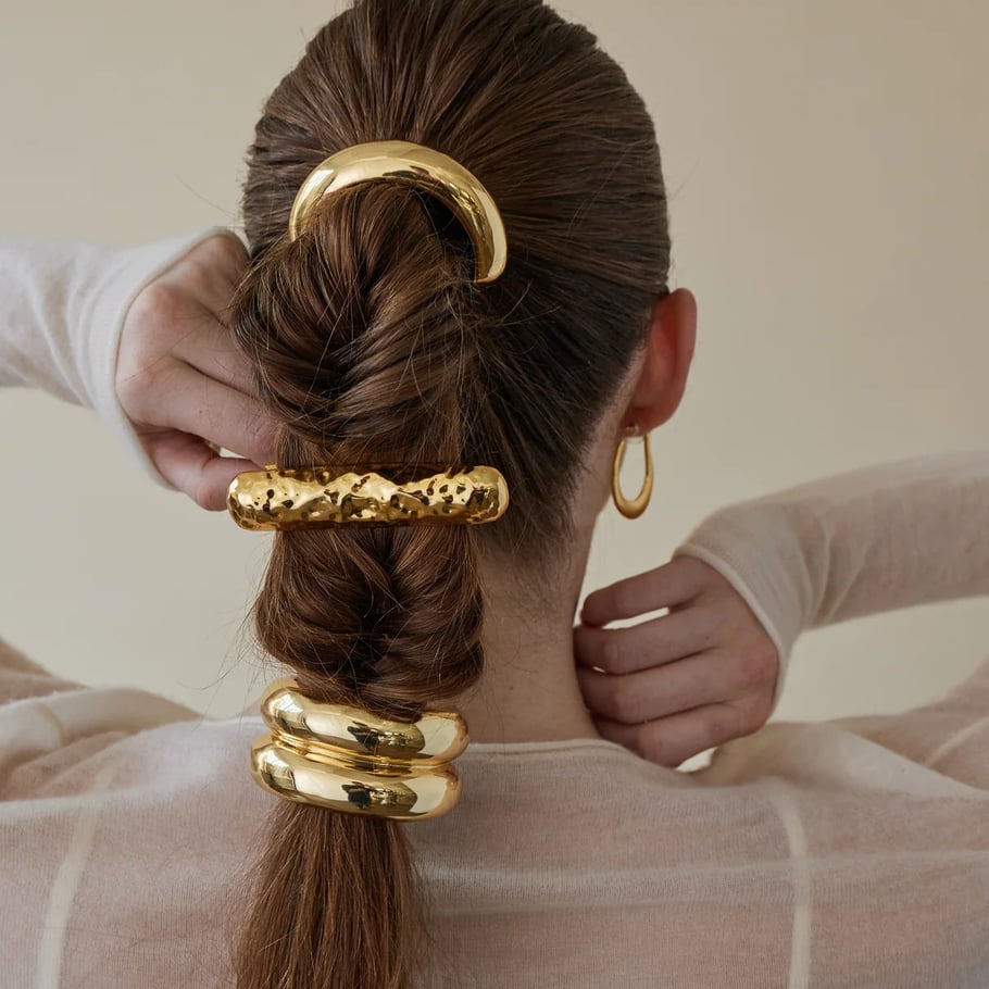 europäischer und amerikanischer internet--trend edelstahl 18 karat gold edelstahl halbkreisbogen glänzend schwarz gummiband haarring zubehör  Bild4