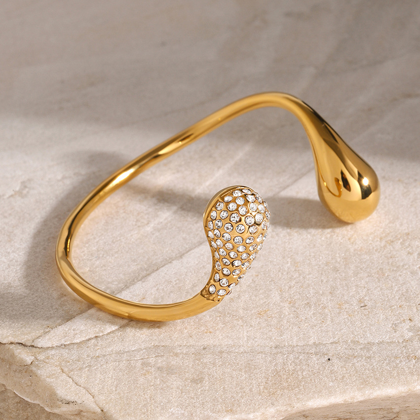 1 Piece Luxurious Simple Style Droplet Shape Stainless Steel 18k Gold Inlay Rhinestones Women's Bangles Picture5