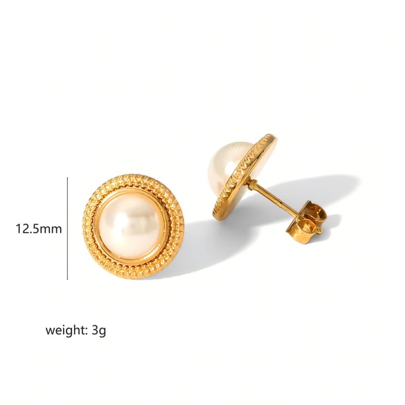 1 par de pendientes de botón de acero inoxidable con perlas artificiales chapadas en oro de 18 quilates, elegantes y geométricos, para mujer 2
